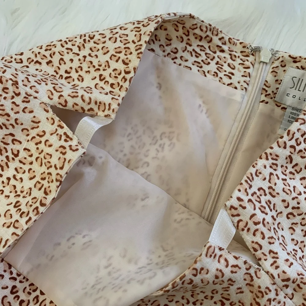 Silk Club Linen Leopard Pencil Skirt with Palm Tree Border and Beaded Hem